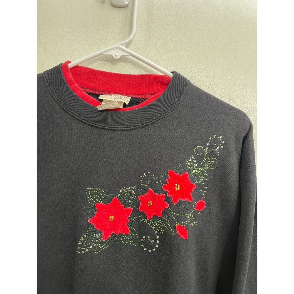 Vintage Morning Sun Top Stitch Poinsettia Grandma Christmas Holiday Sweater L - Picture 4 of 4